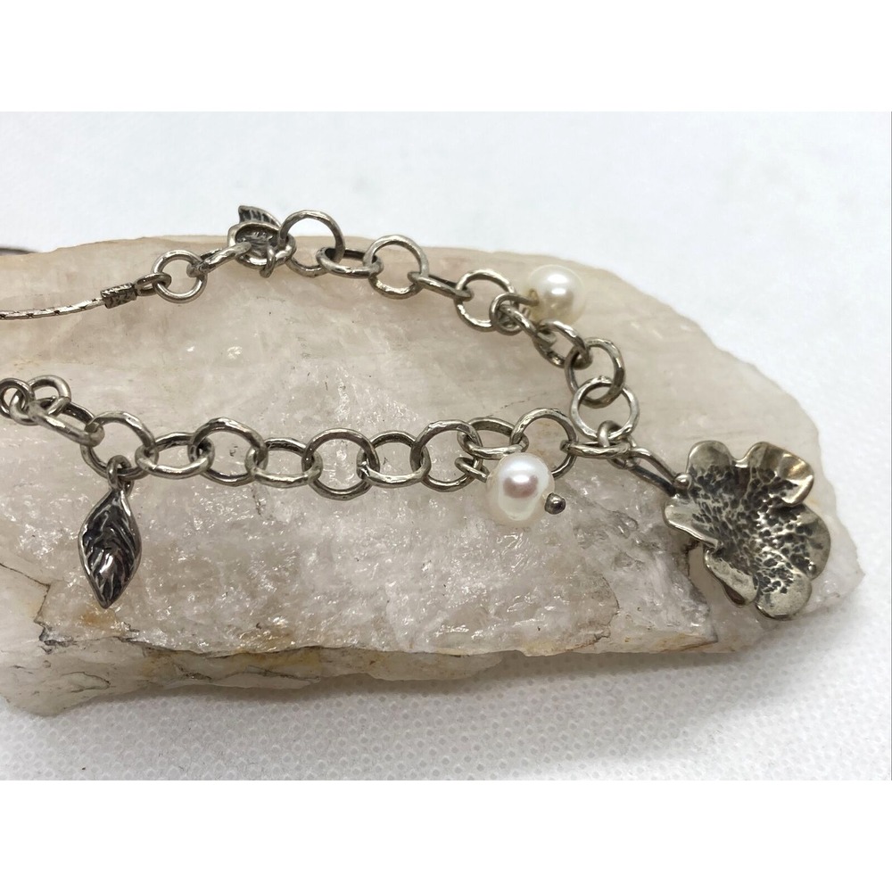 Vintage B 925 Flower Pearl Leaf Pendant 17'' Necklace Sterling 925 Silver 7.5g - Picture 3 of 8